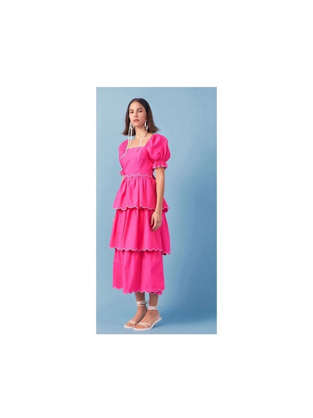 NWT English Factory Viral Sold Out Scallop Tiered Midi Dress Pink L - Picture 3 of 5